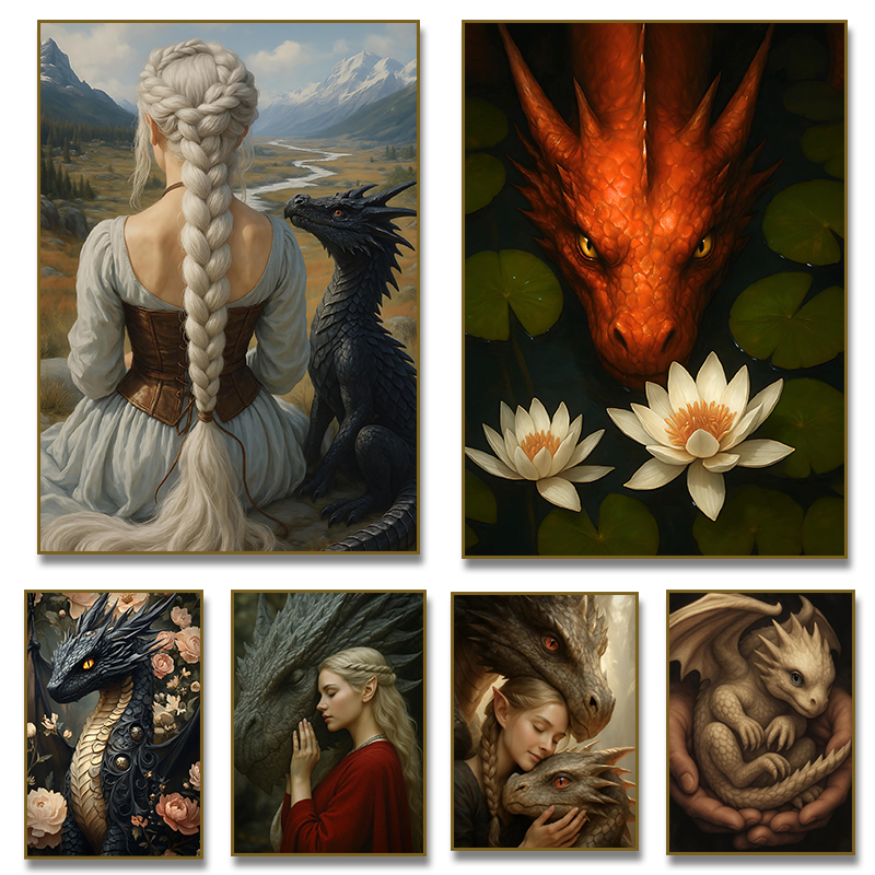 Home Decor Gothic - Fantasy Dragon with Maiden Canvas Painting