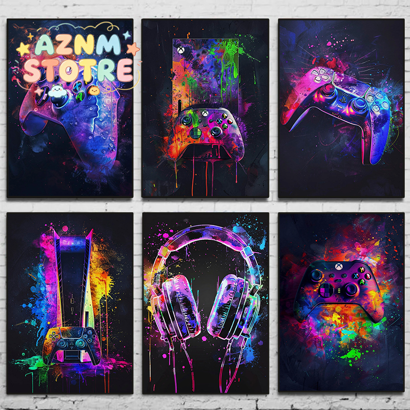 Watercolor Neon Video Game Pos - Home Decor Xbox Games avaliação e preço